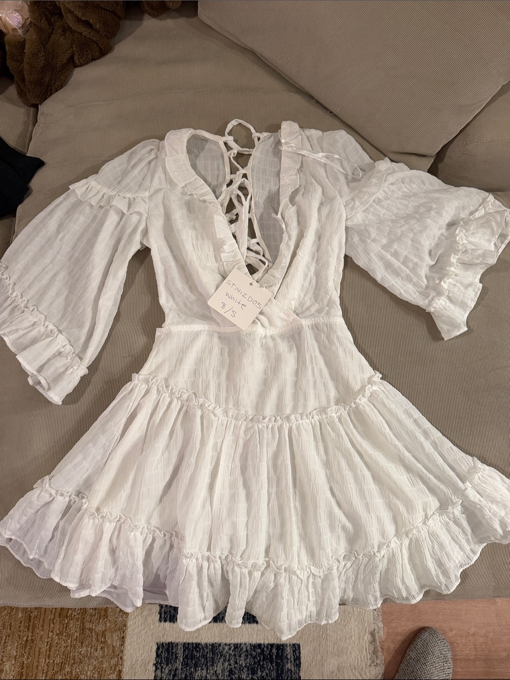Selfie Leslie White Ruffled Lace-Up Boho Dress